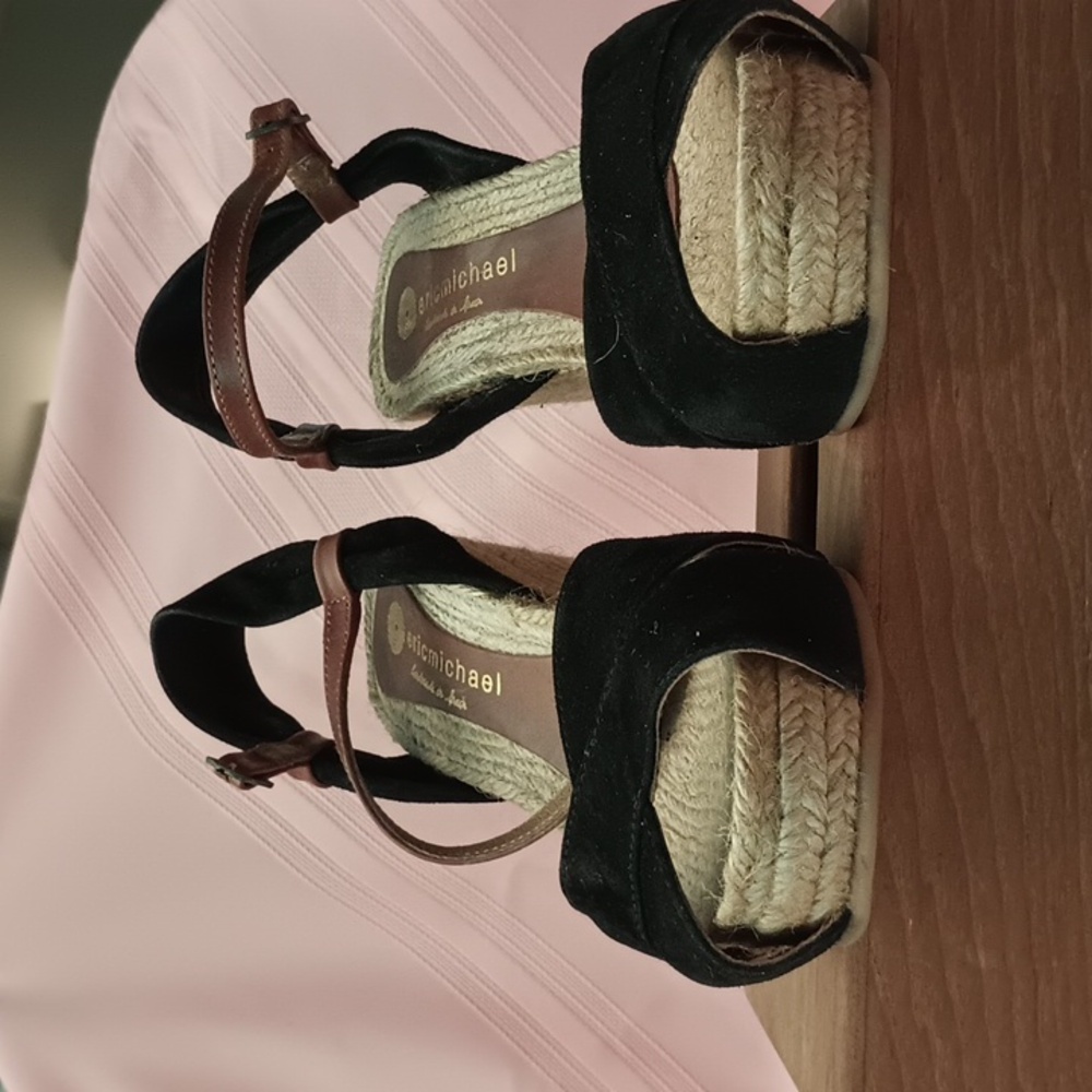 Eric Michael BlK Suede Espadrille with Brown Foot Strap Size 9 - Picture 5 of 10